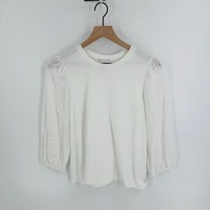 Jade White Eyelet Lace Puff Sleeve Top Size S Romantic Boho Clean Girl Spring